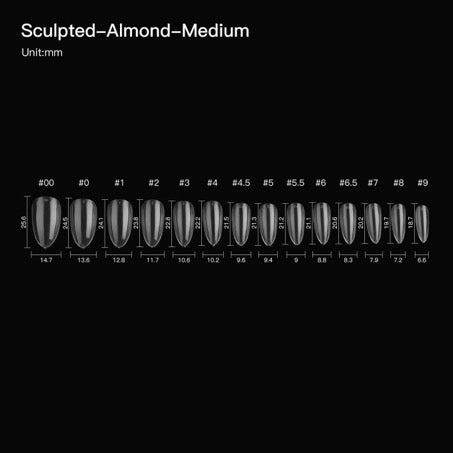 Soft gel Nails , sculpted almond médium , 14 sizes , 602 pcs