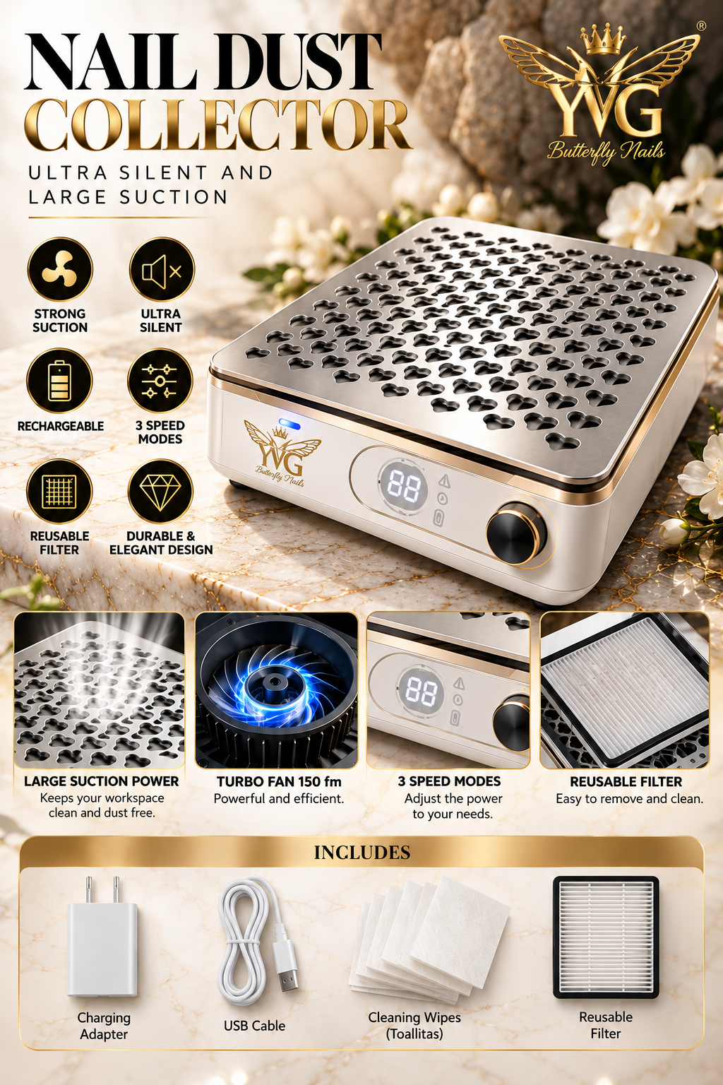 Colector de polvo de uñas | Colector de polvo de uñas inalámbrico de 1000PA Nail Tech | 10 niveles de velocidad | Bajo ruido y fuerte succión | Filtro reutilizable, 20 almohadillas + c
Aerospace-Grade Aluminum, Acetone-Proof, Magnetic Filte